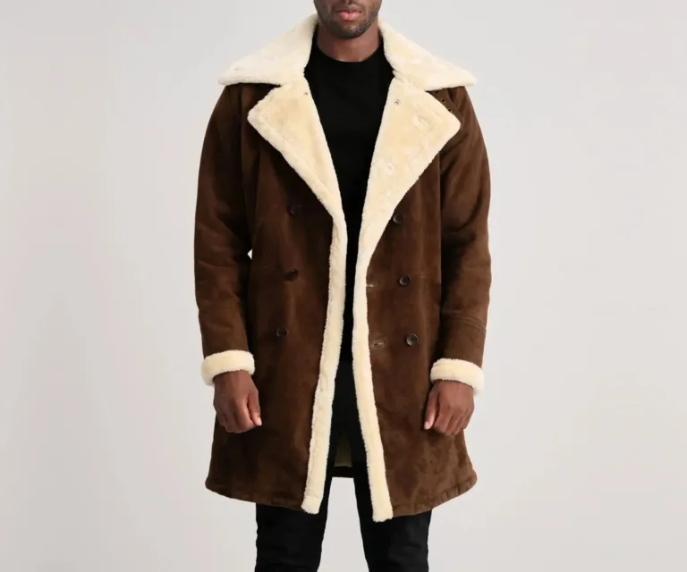 Charles Brown Suede Leather Shearling Double-Breasted Coat — Front Open Hero Presentation