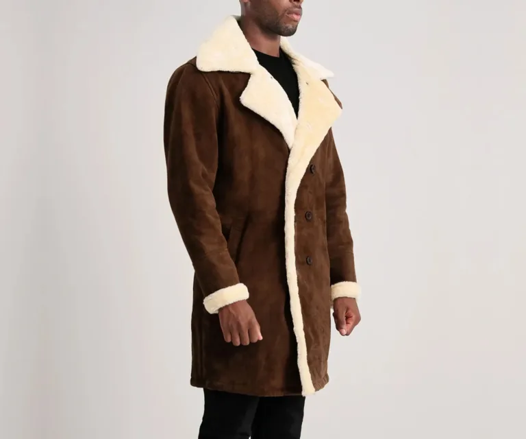 Charles Brown Suede Leather Shearling Double-Breasted Coat — Quarter Angle Profile & Contoured Sleeve Detail