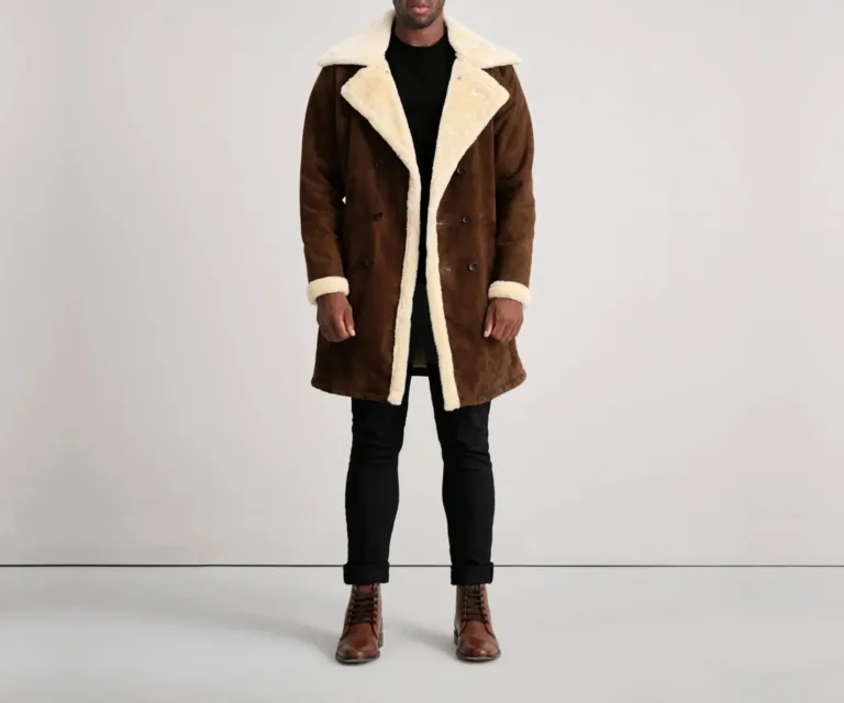 Charles Brown Suede Leather Shearling Double-Breasted Coat — Front Placket & Refined Collar Detail