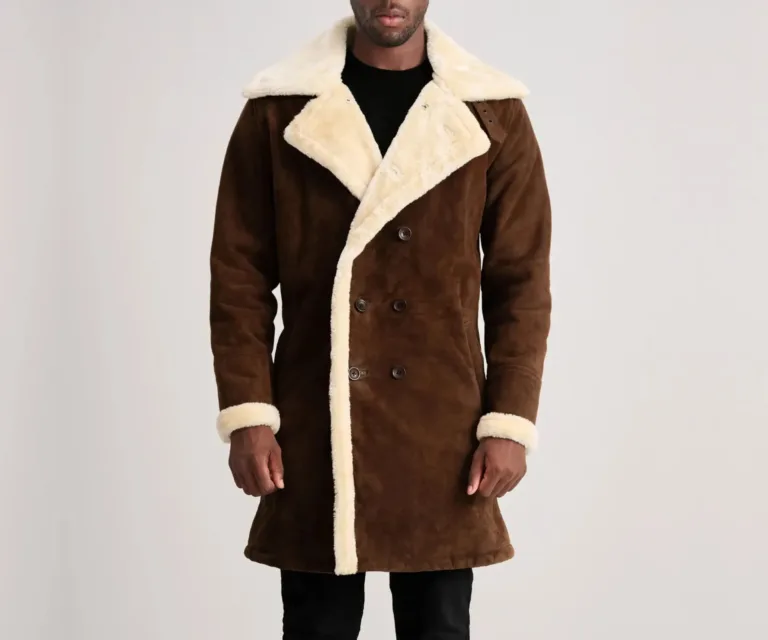 Charles Brown Suede Leather Shearling Double-Breasted Coat — Rear Back View & Clean Tailored Hemline