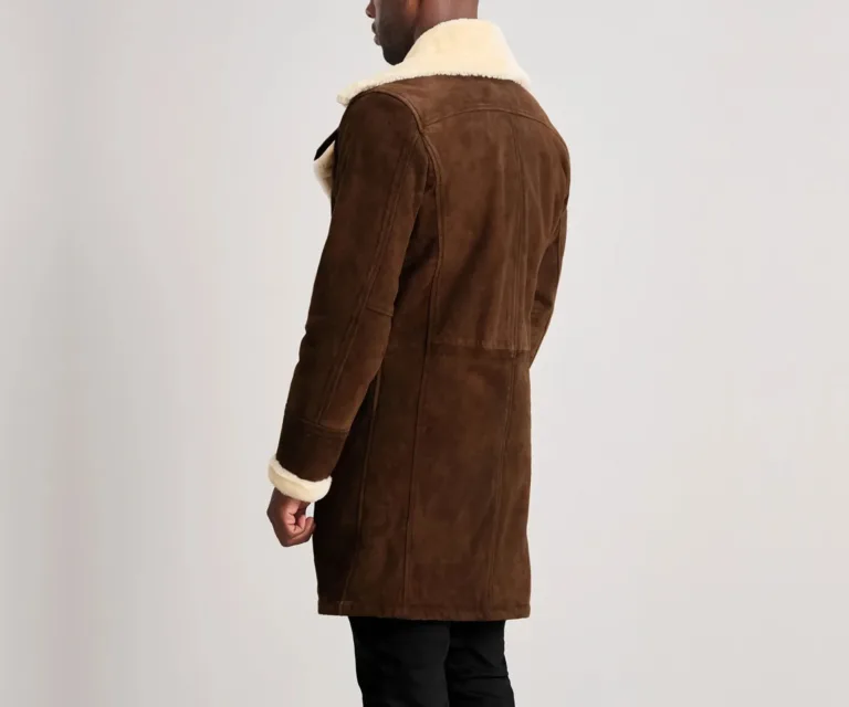 Charles Brown Suede Leather Shearling Double-Breasted Coat — Macro Detail Soft Suede Nap, Stitching & Buttons