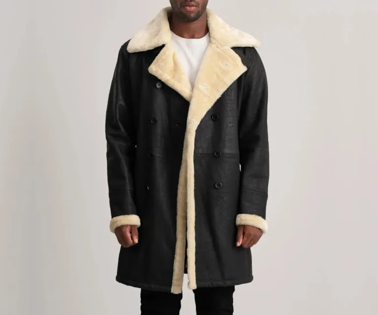 Charles Tumbled Black Leather Shearling Double-Breasted Coat — Front Open Hero Presentation