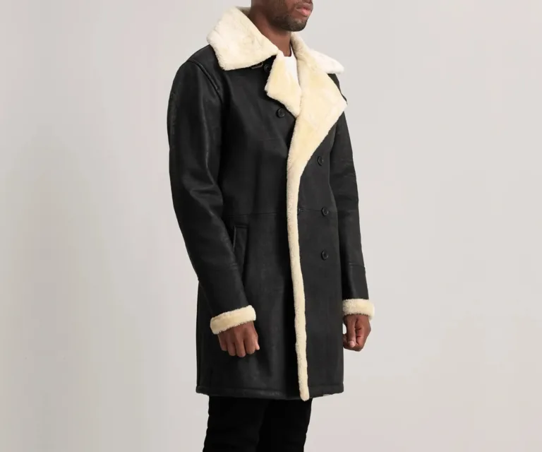 Charles Tumbled Black Leather Shearling Double-Breasted Coat — Quarter Angle Profile & Contoured Sleeve Detail
