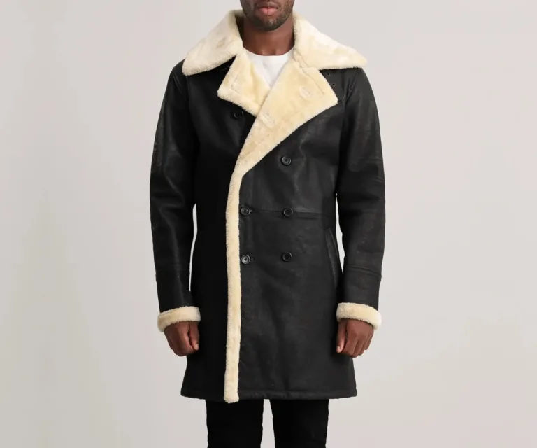 Charles Tumbled Black Leather Shearling Double-Breasted Coat — Rear Back View & Tailored Vent Hemline