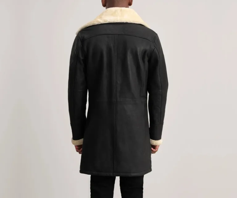 Charles Tumbled Black Leather Shearling Double-Breasted Coat — Macro Detail Fur Lining, Leather Grain & Buckles