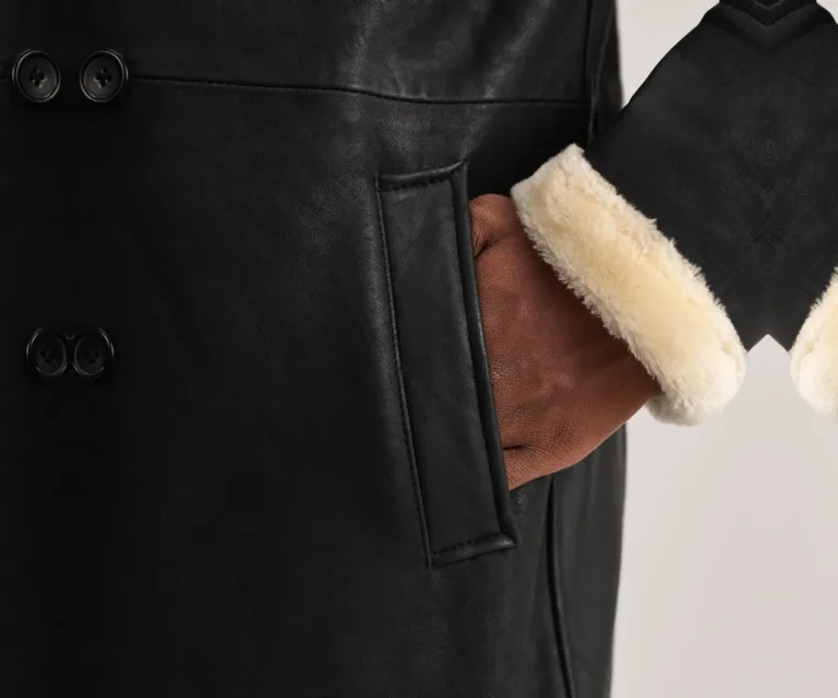 Charles Tumbled Black Leather Shearling Double-Breasted Coat — Full-Length Model Editorial Presentation