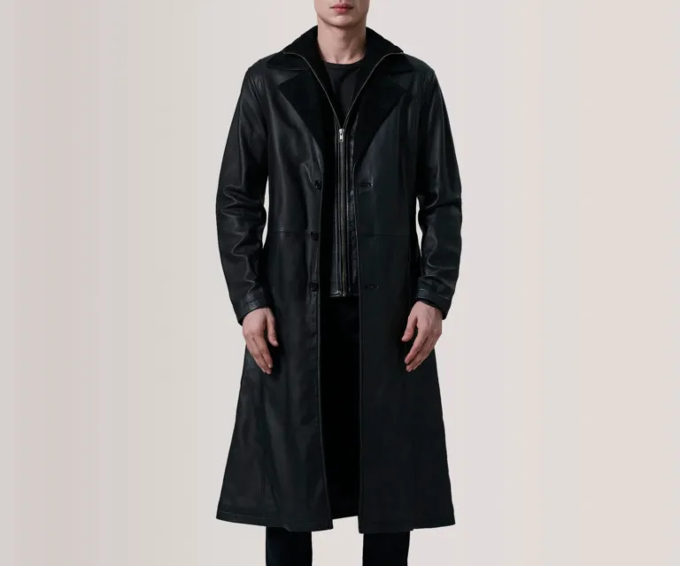 Charlton Black Leather Single Breasted Coat — Macro Hardware & Seam Construction