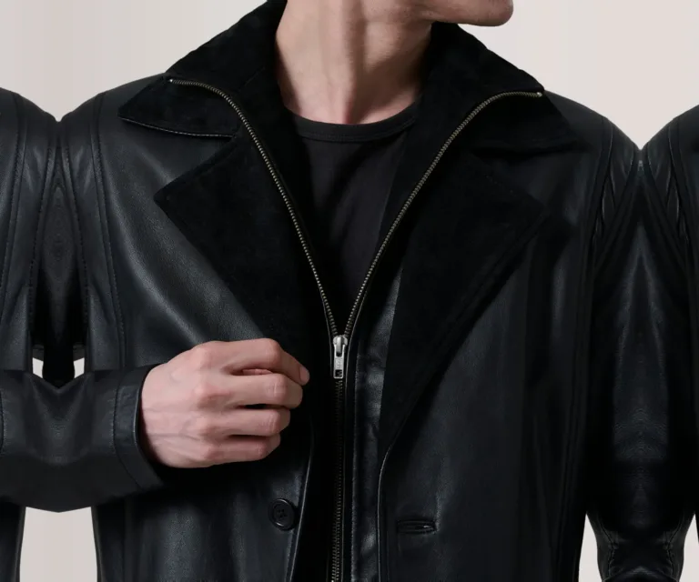 Charlton Black Leather Single Breasted Coat — Full Editorial Model Perspective