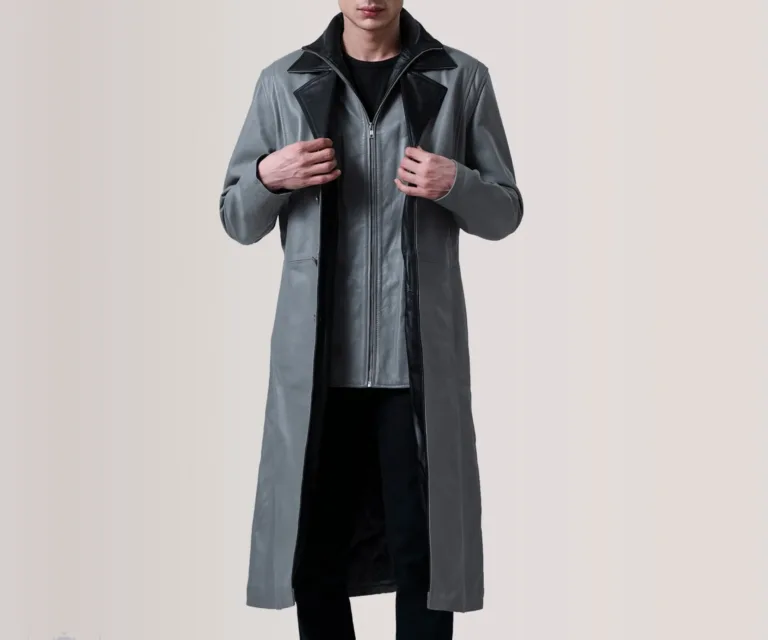 Charlton Grey Leather Single Breasted Coat — Front Hero View