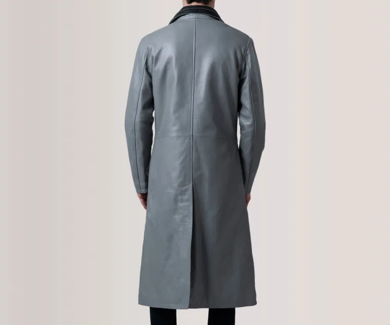 Charlton Grey Leather Single Breasted Coat — Rear Profile View