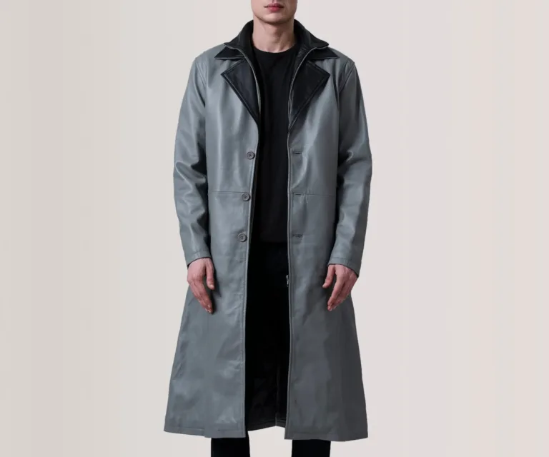 Charlton Grey Leather Single Breasted Coat — Macro Hardware & Seam Construction