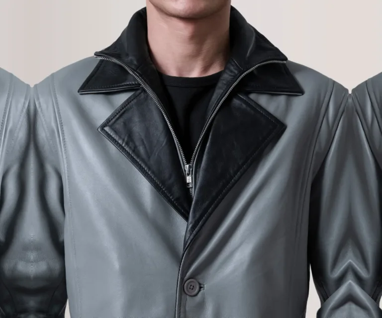 Charlton Grey Leather Single Breasted Coat — Full Editorial Model Perspective