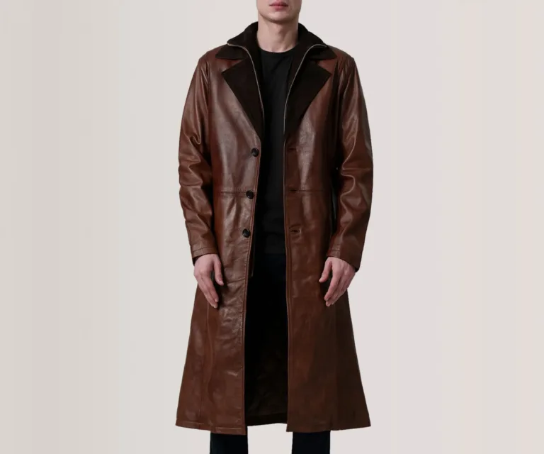 Charlton Waxed Brown Leather Single Breasted Coat — Front Hero View