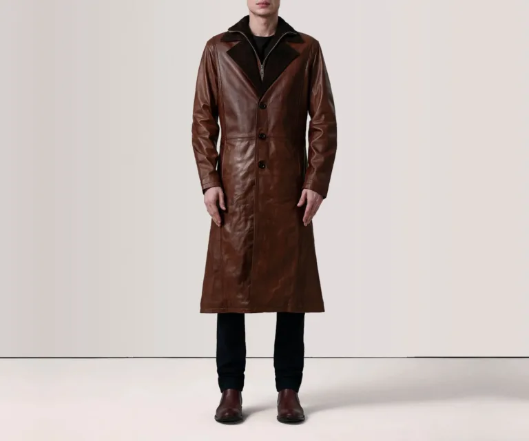 Charlton Waxed Brown Leather Single Breasted Coat — Three-Quarter Perspective