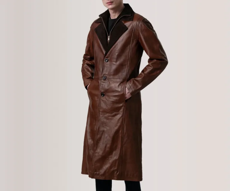 Charlton Waxed Brown Leather Single Breasted Coat — Front Detail & Closure