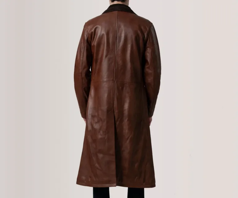 Charlton Waxed Brown Leather Single Breasted Coat — Rear Profile View