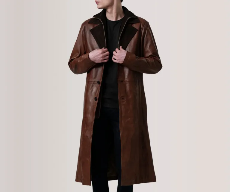 Charlton Waxed Brown Leather Single Breasted Coat — Macro Hardware & Seam Construction