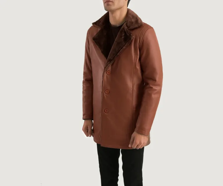 Cinnamon Brown Leather Fur Coat — Quarter Angle Profile & Contoured Sleeve Detail
