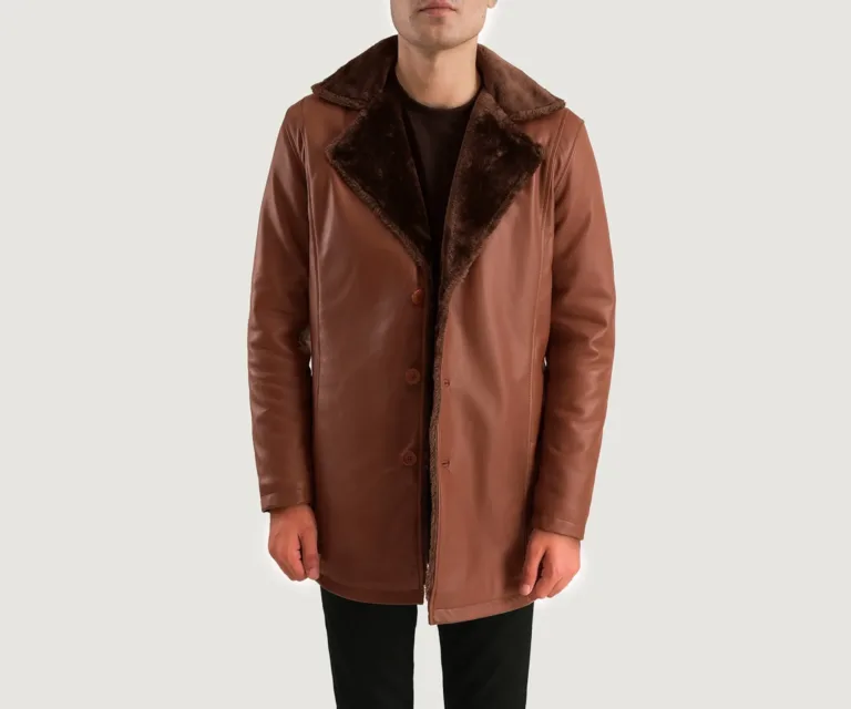 Cinnamon Brown Leather Fur Coat — Front Collar & Placket Thermal Detail