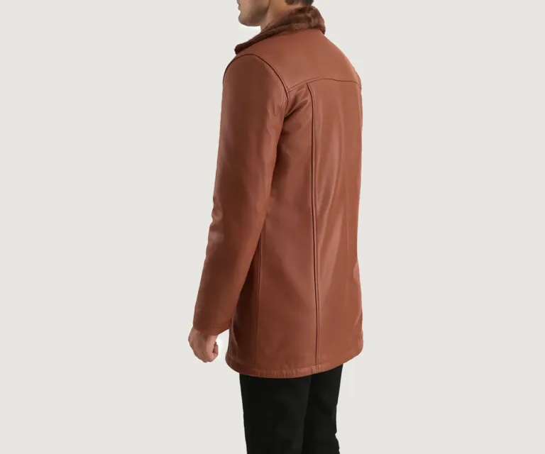 Cinnamon Brown Leather Fur Coat — Rear Back View & Tailored Hemline