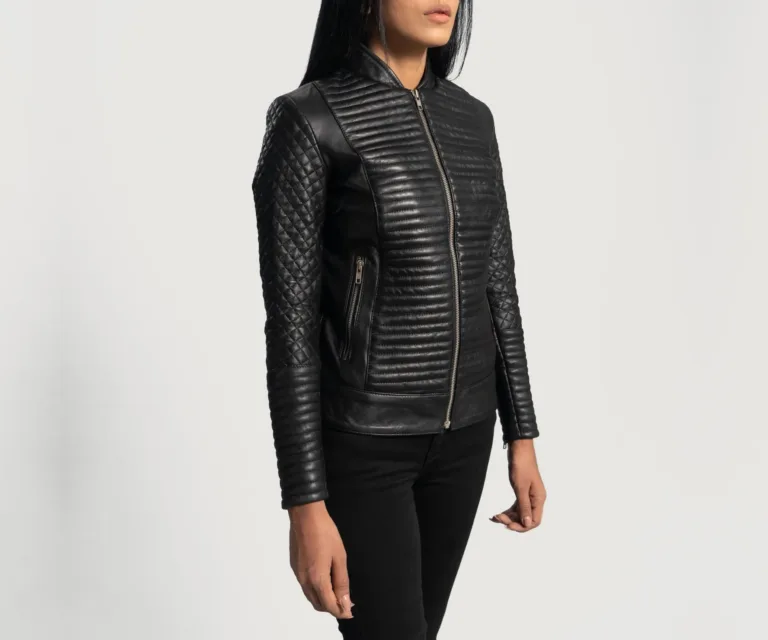 Cityscape Black Leather Biker Jacket Luxury Women's Biker Jacket — Three-Quarter Editorial Perspective