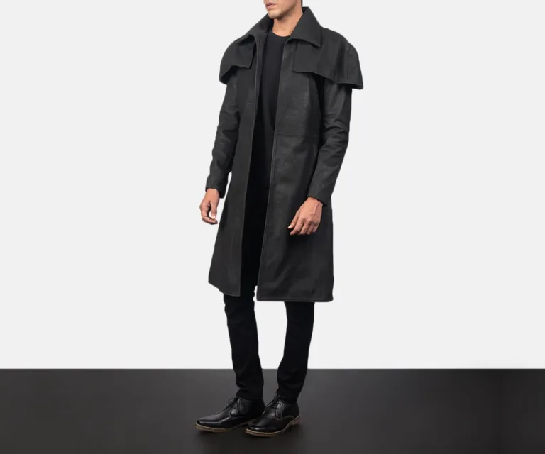 Classic Distressed Black Leather Duster — Three-Quarter Perspective