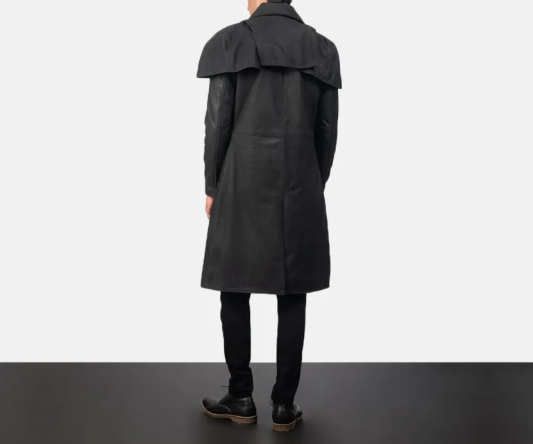 Classic Distressed Black Leather Duster — Front Detail & Closure