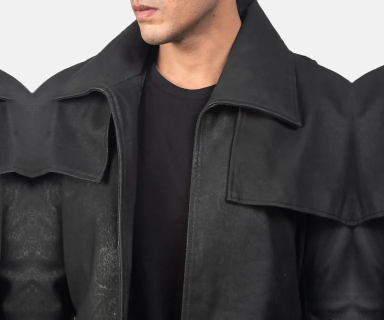 Classic Distressed Black Leather Duster — Rear Profile View
