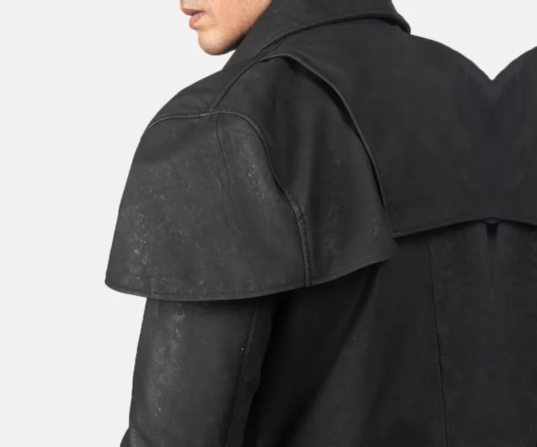 Classic Distressed Black Leather Duster — Macro Hardware & Seam Construction