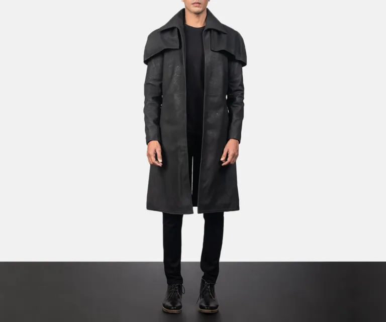 Classic Distressed Black Leather Duster — Full Editorial Model Perspective