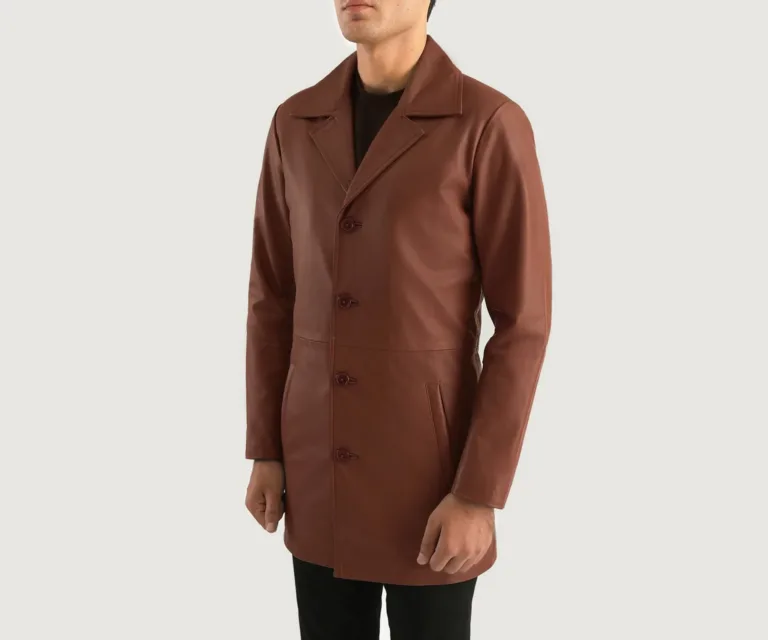 Classmith Brown Leather Coat — Quarter Angle Profile & Contoured Sleeve Detail