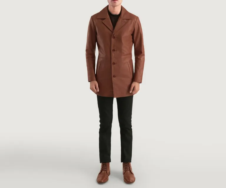 Classmith Brown Leather Coat — Front Lapel Closure & Button Detail