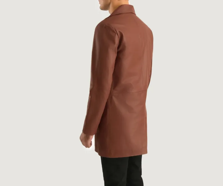 Classmith Brown Leather Coat — Macro Detail Leather Grain, Stitching & Buttons