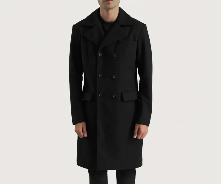 Claud Black Wool Double Breasted Coat — Front Hero View
