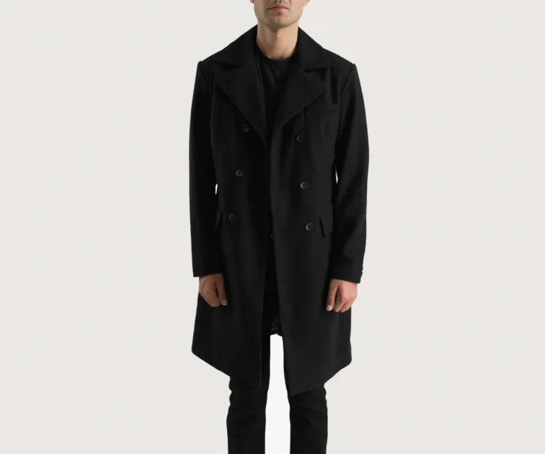 Claud Black Wool Double Breasted Coat — Rear Profile View