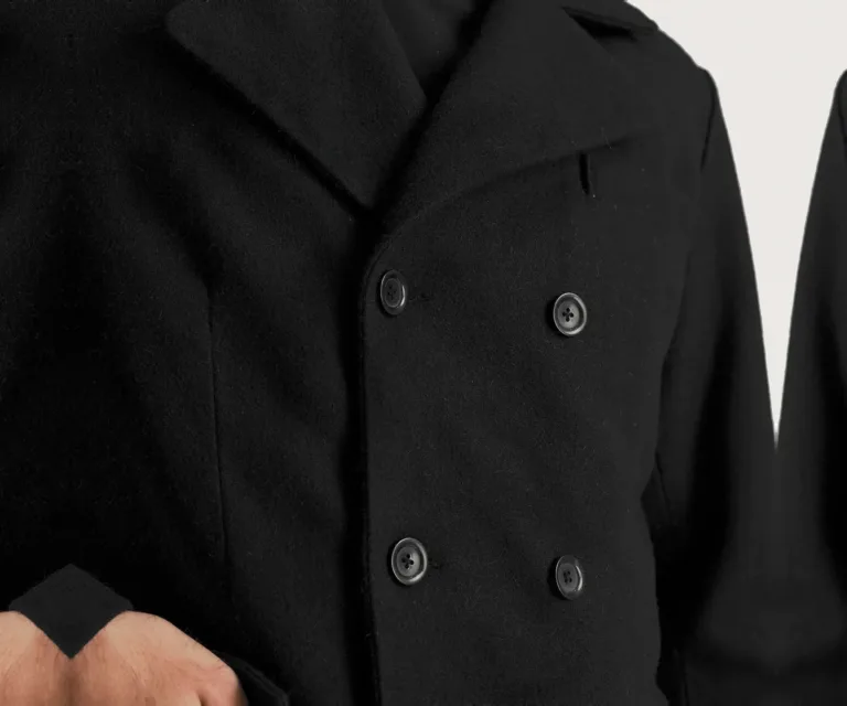 Claud Black Wool Double Breasted Coat — Full Editorial Model Perspective