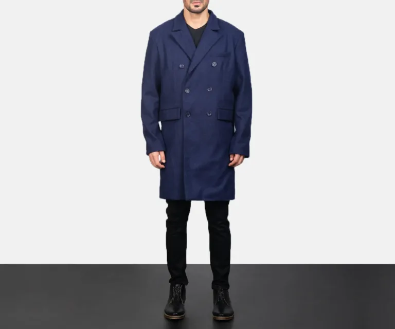 Claud Blue Wool Double Breasted Coat — Front Detail & Closure