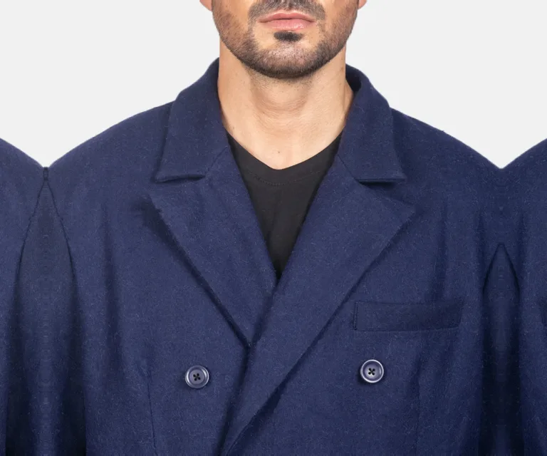 Claud Blue Wool Double Breasted Coat — Rear Profile View