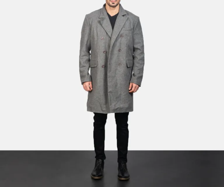 Claud Grey Wool Double Breasted Coat — Front Hero View