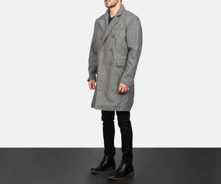 Claud Grey Wool Double Breasted Coat — Three-Quarter Perspective