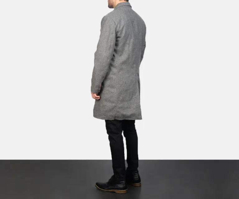 Claud Grey Wool Double Breasted Coat — Rear Profile View