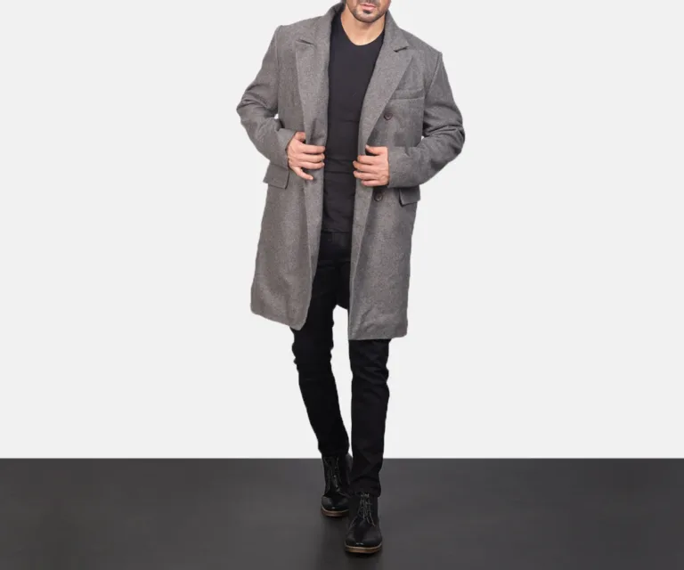 Claud Grey Wool Double Breasted Coat — Macro Hardware & Seam Construction