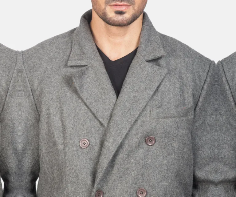 Claud Grey Wool Double Breasted Coat — Full Editorial Model Perspective