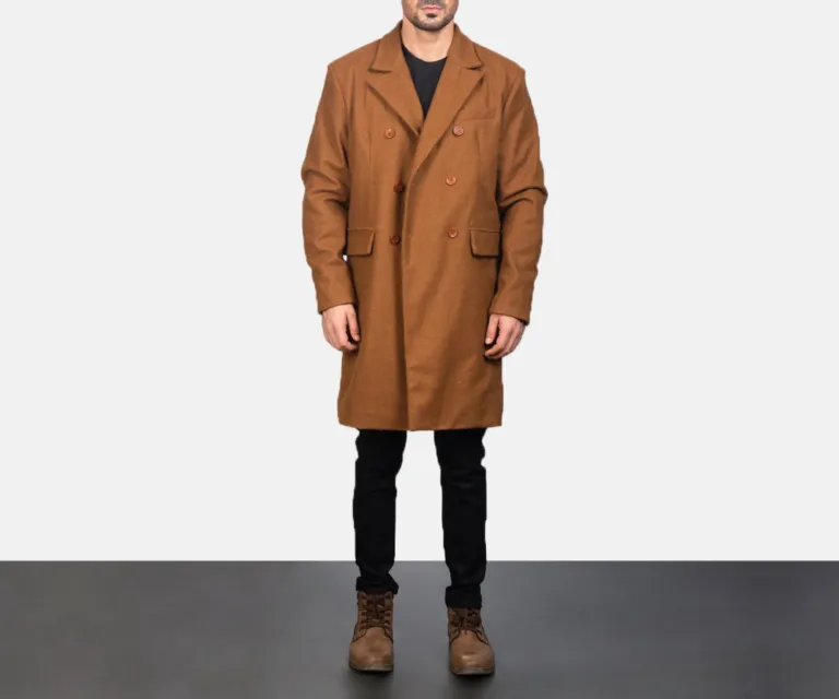 Claud Khaki Wool Double Breasted Coat — Front Detail & Closure