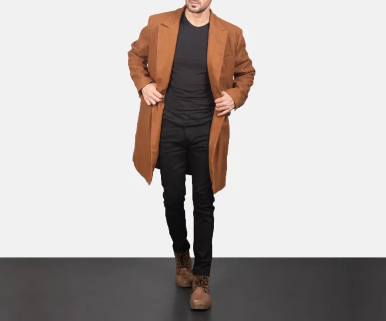 Claud Khaki Wool Double Breasted Coat — Rear Profile View