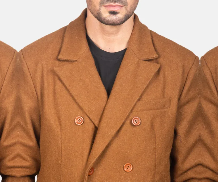 Claud Khaki Wool Double Breasted Coat — Full Editorial Model Perspective