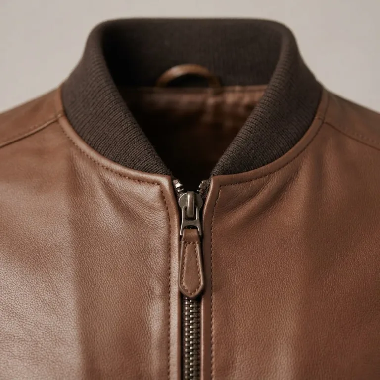Close-up of the Harlan bomber's rib-knit collar, metal zip and cowhide grain