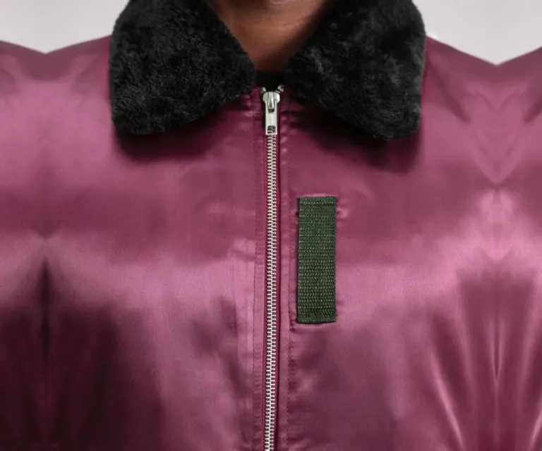 Clyde B-15 Maroon Bomber Jacket — Macro Detail Flight Satin, Faux Fur Collar & Sleeve Utility Pocket
