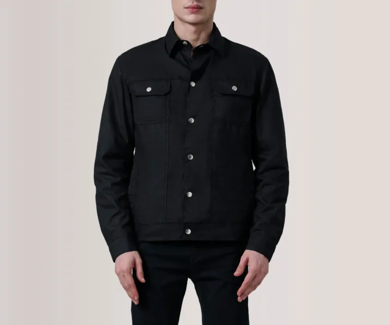 Colberto Black Waxed Canvas Trucker Jacket — Front Close-Up View