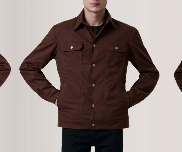 Colberto Brown Waxed Canvas Trucker Jacket — Front Close-Up View